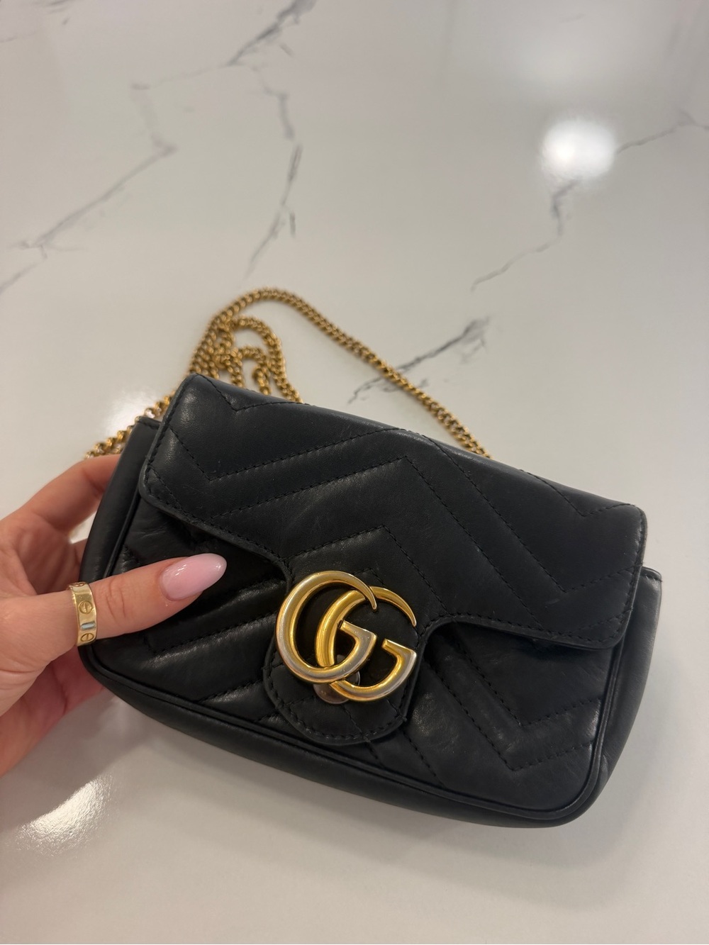 Gucci Black Leather GG Super Mini Marmont Chevron Crossbody with Gold Hardware